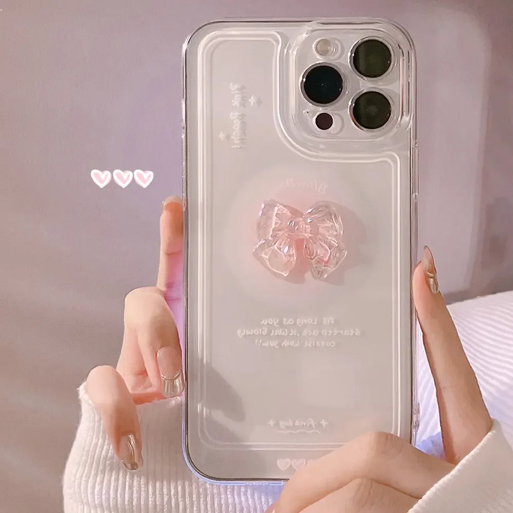 Urocze, przezroczyste etui na telefon z kryształową kokardką 3D do iPhone'a 17 16 15 14 13 12 11 Pro Mini XS Max Plus X XR, odporne na wstrząsy.