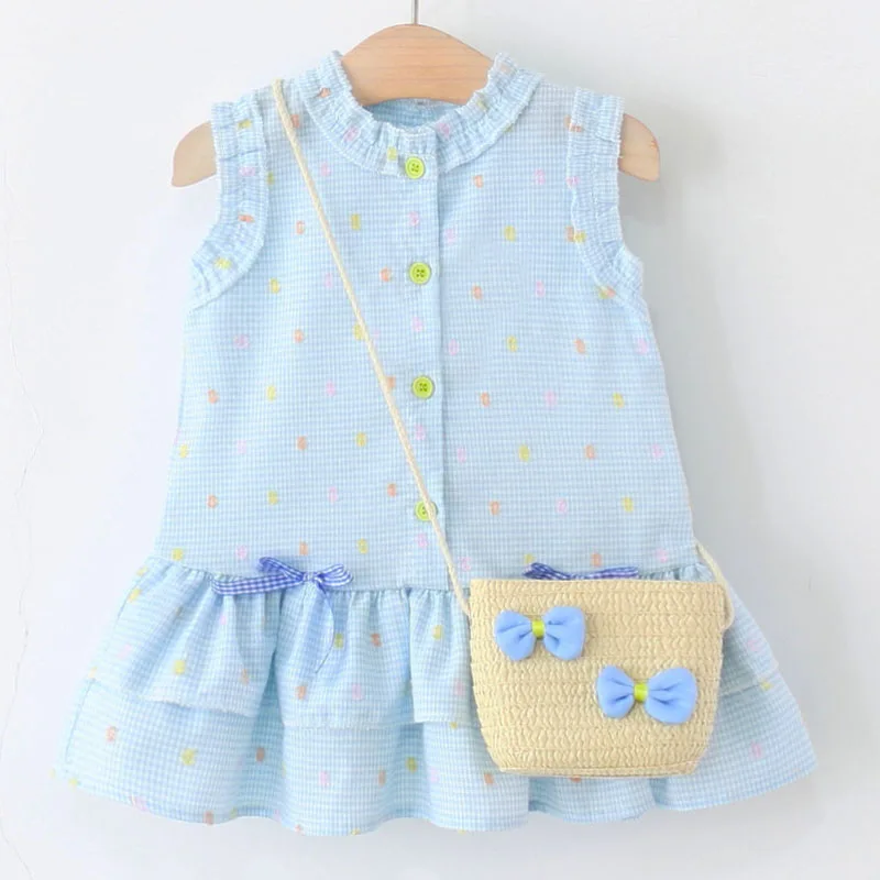 

2Piece Sets 2025 Summer Kids Clothes Girls Korean Fashion Cute Bow Plaid Sleeveless Cotton Baby Dresses+Bag Princess Dress B081