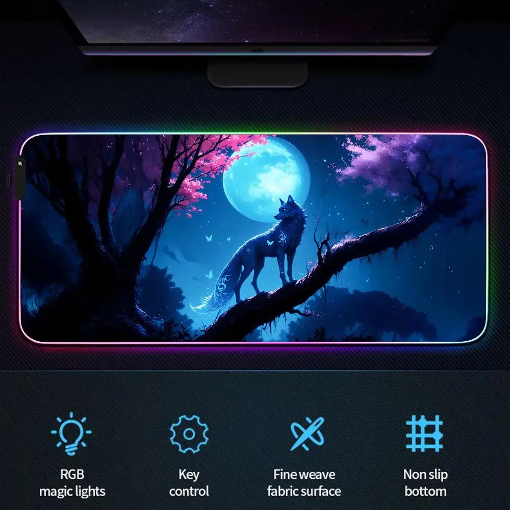 

RGB Mouse pad Unique Silver Moon Wolf theme gaming mat rubber anti-slip Desk Mat LED glow Gaming keypad mousepad pc accessories