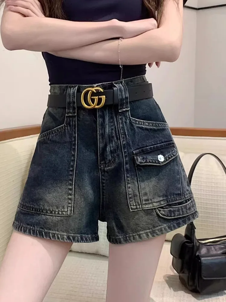 

Джинсовые шорты с высокой талией в стиле ретро, лето 2021, новый стиль, пикантная девушка, свободный крой, утягивающие широкие брюки трапециевидной формы в американском стиле