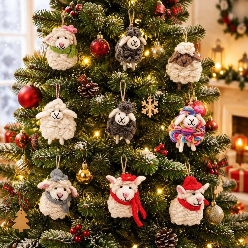 Lovely Wool Felt Sheep Hanging New Year Cute Plush Sheep Pendant Fluffy Christmas Tree Decoration New Year