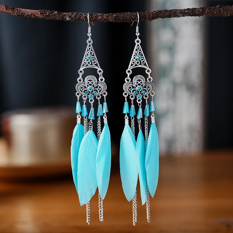 Bohemian Ethnic Long Feather Earrings For Women Retro Elegant Colorful Rhinestone Crystal Drop Earring Female Jewelry Pendientes