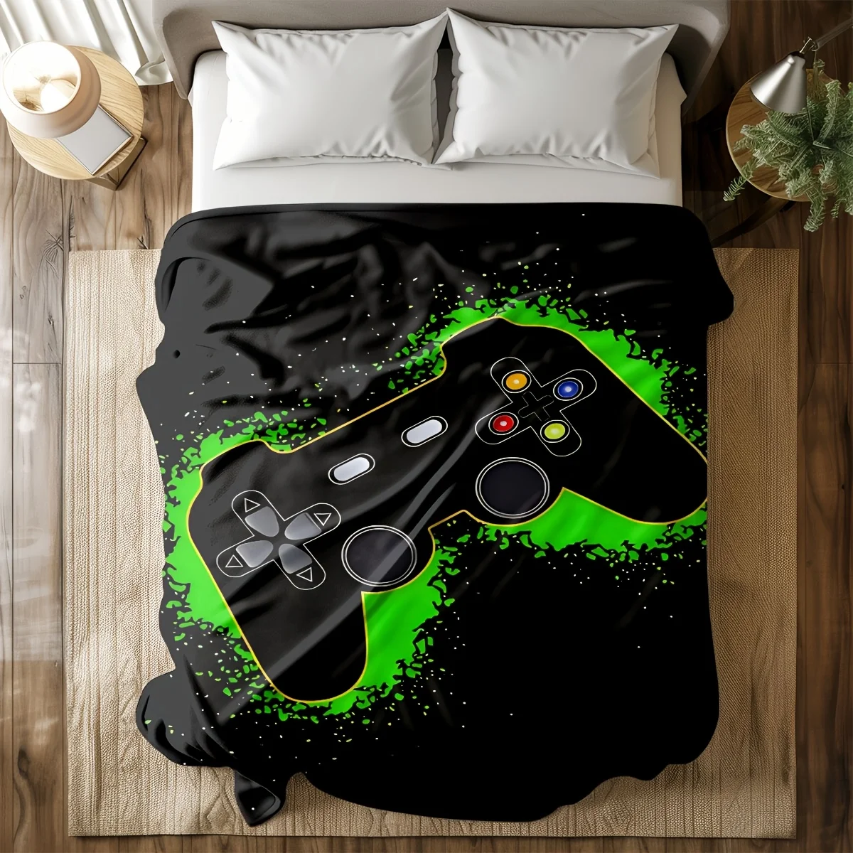 Cool Gaming Gamepad Green Ink Splatter Art Pattern Flannel Blanket Light Cover For Couch Bed Daily Household Home Usage Ideas