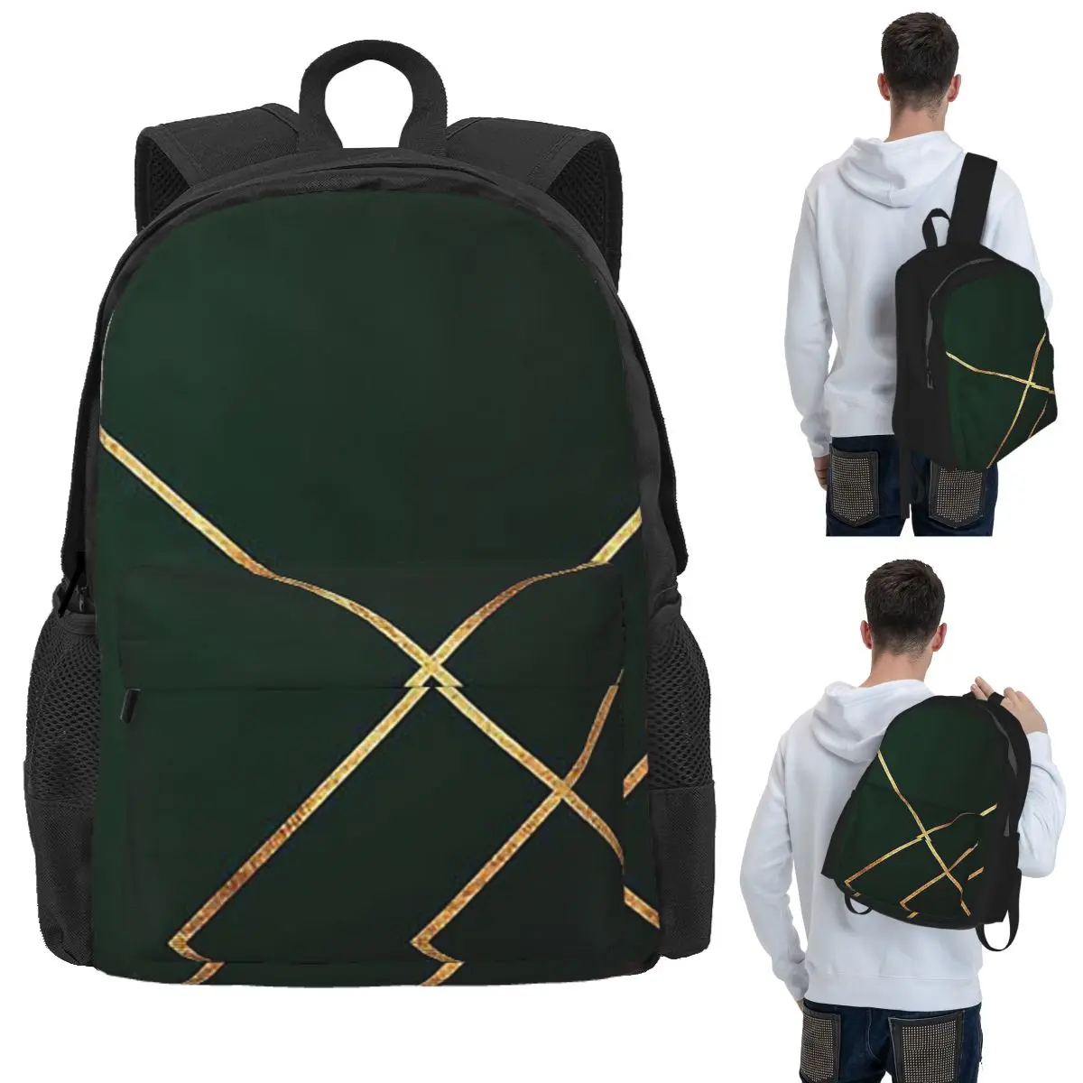 Minimalist Dark Green And Gold Lin Student Backpack School Bag Hiking Travel Daypack for Boys Girls Bookbag Shoulder Bags