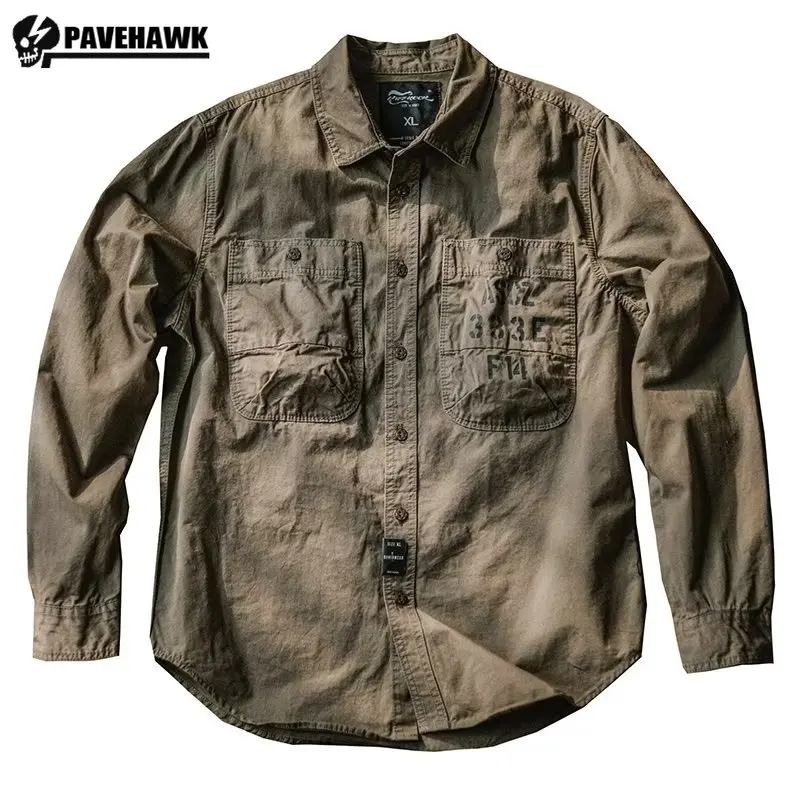 

Bomber Tooling Shirt Mens Retro Printed Pilot Combat Long Sleeved Tops Classic Trend Multiple Pockets Shirt Jackets Cotton
