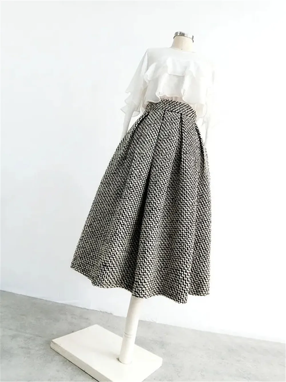 Fashion Houndstooth Woven Tweed Skirt With Pocket Winter Women Korean Vintage Thickened High Waist Pleated A-Line Skirts Faldas