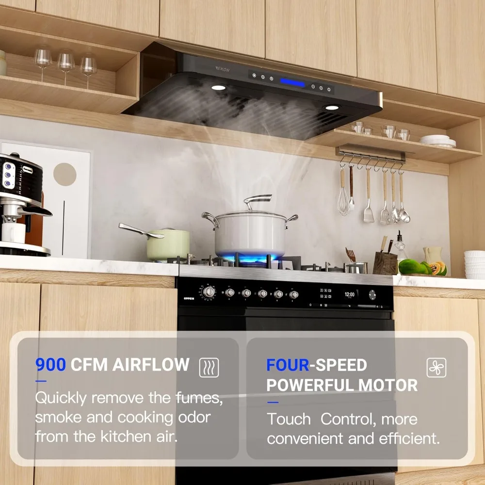 30 Inch Range Hood, 900 CFM Stainless Steel Kitchen Chimney Vent, 4 Speed Touch Screen Control ， Filters Fan Timer