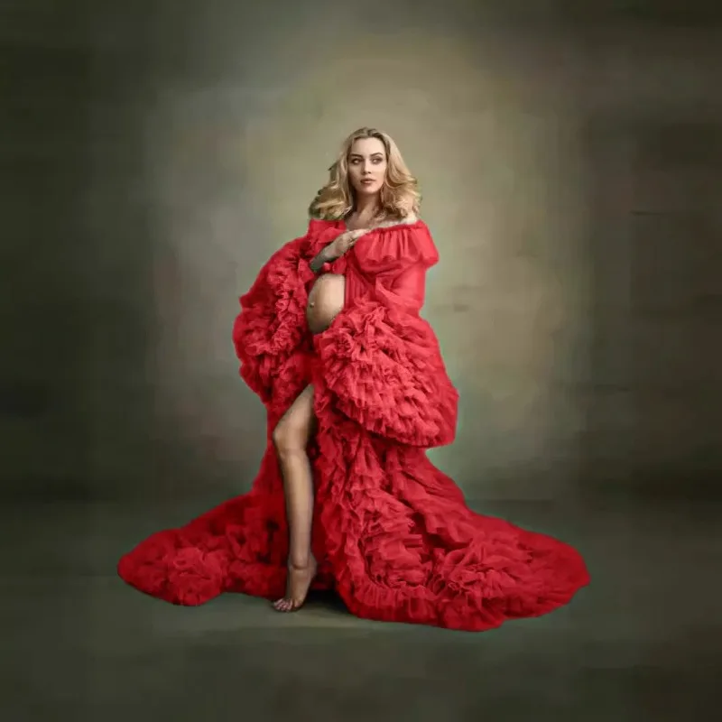 맞춤형 임부복 사진 촬영 드레스, 자수 튤 가운, 트레인 포토그래피 로브 (임산부용)