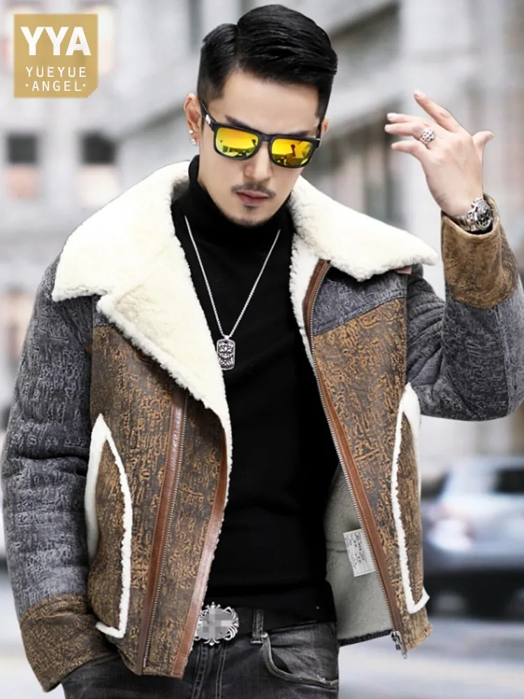 Italian Men Winter Original Shearling Coat Real Fur Genuine Leather Jacket Business Man Warm Sheepskin Wool Liner Work Overcoat