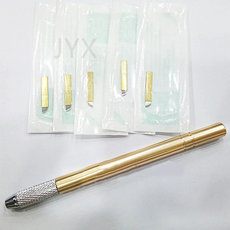 Gold Microblading Pen Set with 5 Pcs Needle  Permanent Makeup Pen Machine  for Lip and Eyebrow Tattoo Equipment