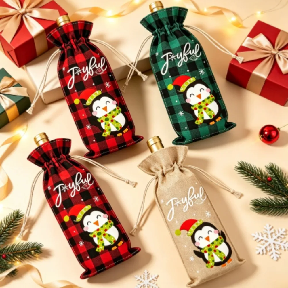 Christmas Penguin Burlap Drawstring Wine Bottle Bags Reusable Cloth Pouch For Holiday Party Table Decor For Champagne Packaging