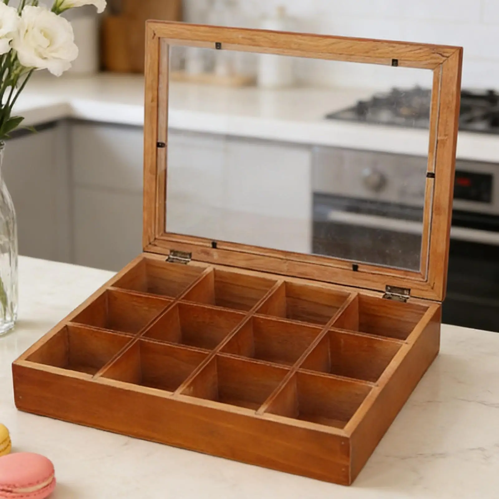 Caja de Madera para Guardar Bolsitas de Té con 12 Compartimentos, Organizador de Almacenamiento de Té con Tapa Transparente para el Hogar, Cocina, Despensa, Paquetes de Café y Bocadillos