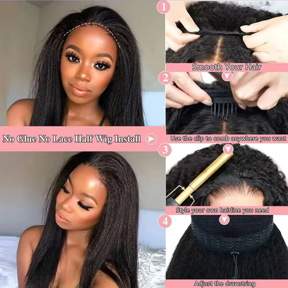 

Kinky Straight Half Wig Human Hair Glueless Wigs Human Hair 3 In 1 Half Wig Drawstring Seamless Wig For Black Women 18 38 inches