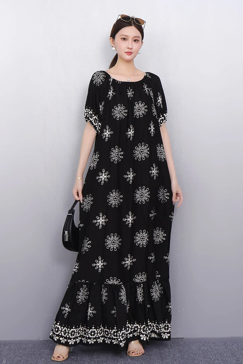 

2025 Spring Summer Elegant Printed Off Shoulder Loose Dresses Women Short Sleeve Dress Ladies Wholesale J1154