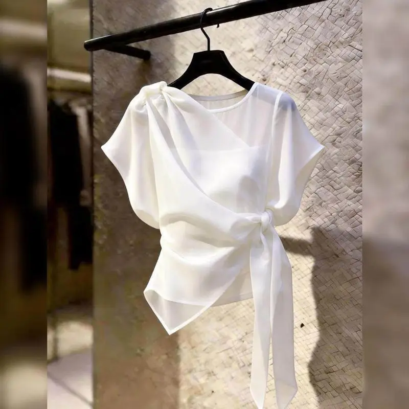Summer 2026 White Short Sleeve Women's Top Waist-Cinching Tie-Detail Versatile Slimming Casual Style Standard Fit Polyester F...