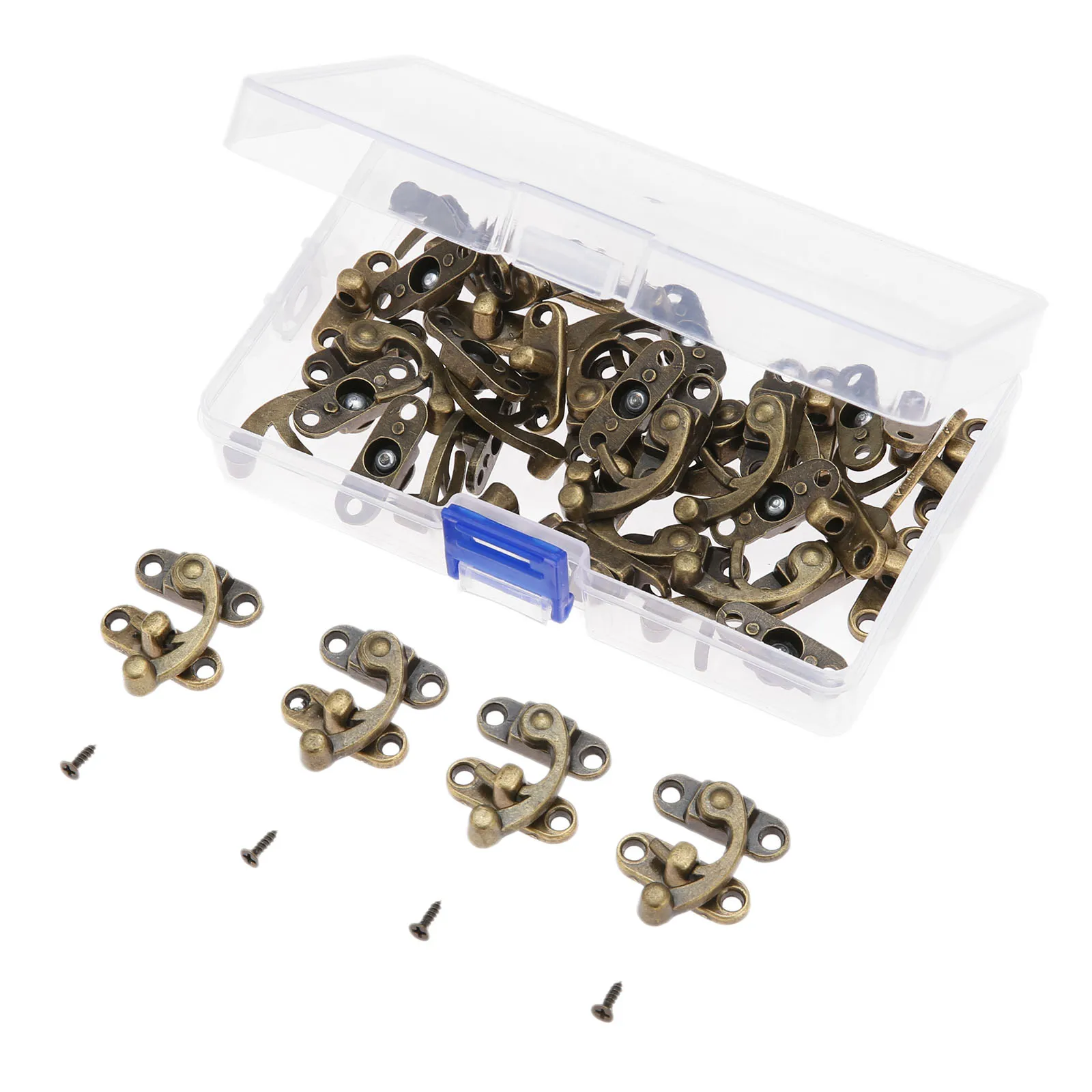 40Pcs Antique Solid Bronze Decorative Latch Hasps Clasps Buckle Wood Jewelry Box Padlock + Storage Box + 160Pcs Screws 29*33mm