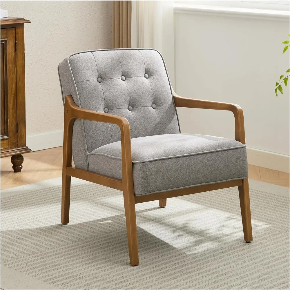 

Linen Accent Chair, Mid Century Modern Chair for Living Room, Upholstered Comfy Lounge Armchair with Solid Wood Frame, Reading S
