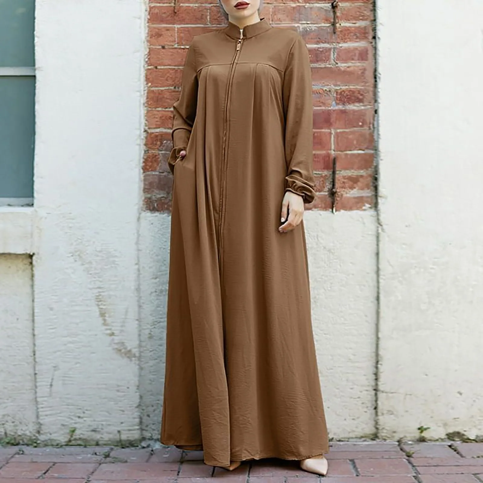 Vintage Shirt Dress Women Retro Long Sleeve Muslim Dresses Casual Solid Color Abaya Caftan Kaftan Dresses Zipper Long Maxi Robe