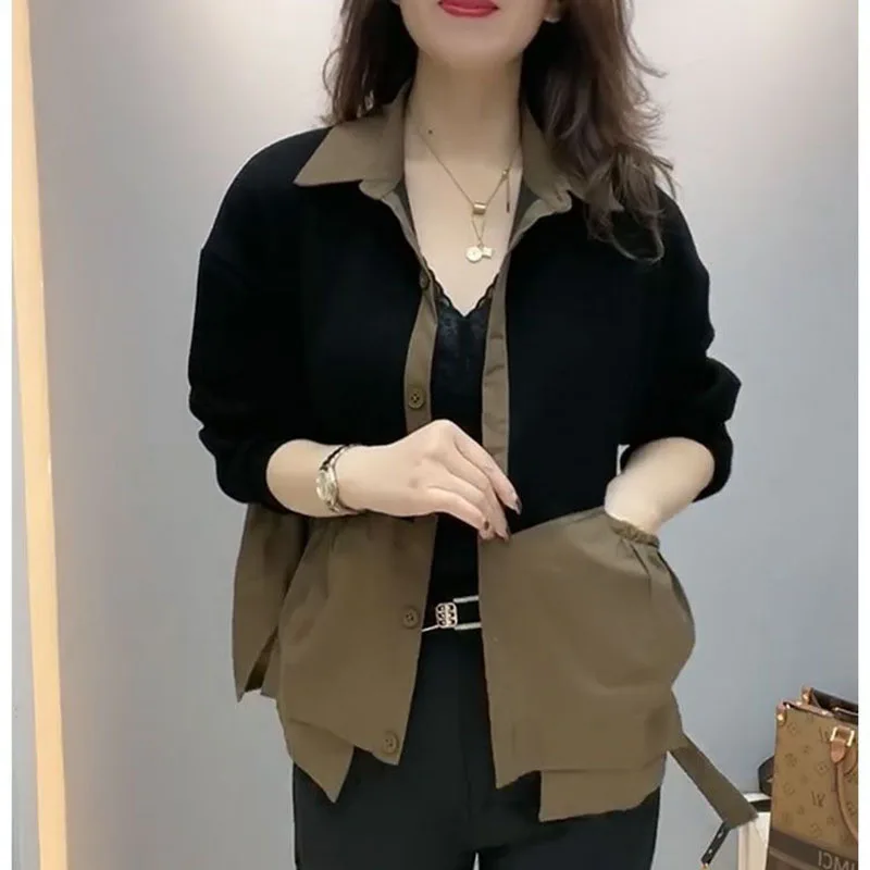 

Fashion Ruffles Folds Fake Two Pieces Shirt Female Clothing 2023 Winter New Oversized Casual Tops Asymmetrical Pockets Blouse