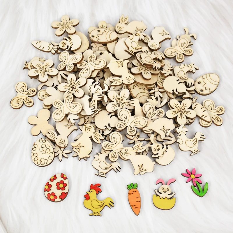 50pcs/Set Easter Natural Wood Chip Mix Animal Wood Slices Festival DIY Ornaments Handmade Creative Craft Home Party Decor Supply