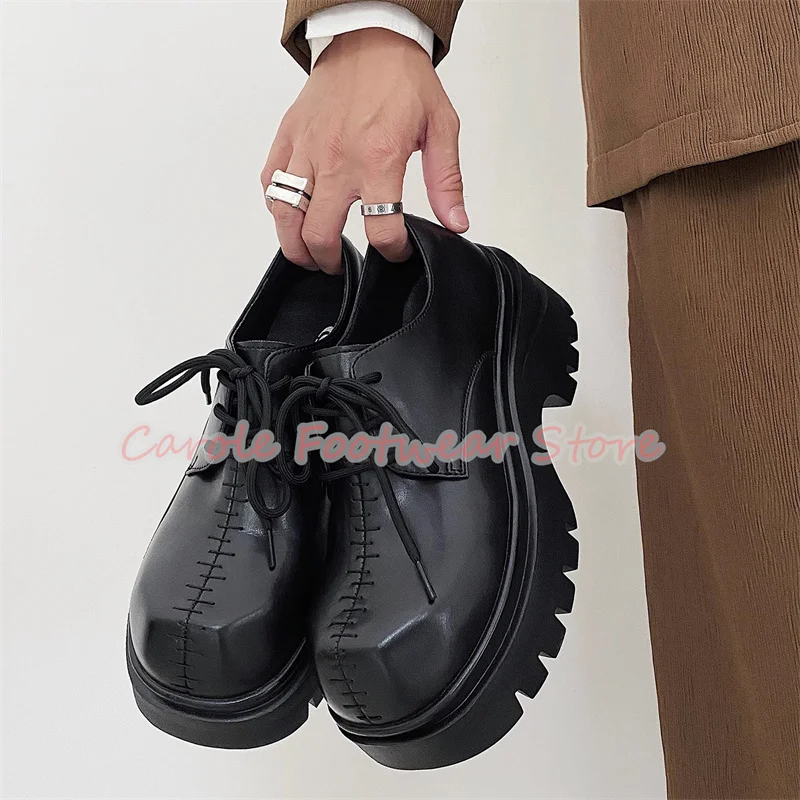 

Sewing Design Bread Big Head Derby Shoes for Men 7Cm British Style Chunky Heel Lace-Up Loafers Male Party Dress Leather Shoes