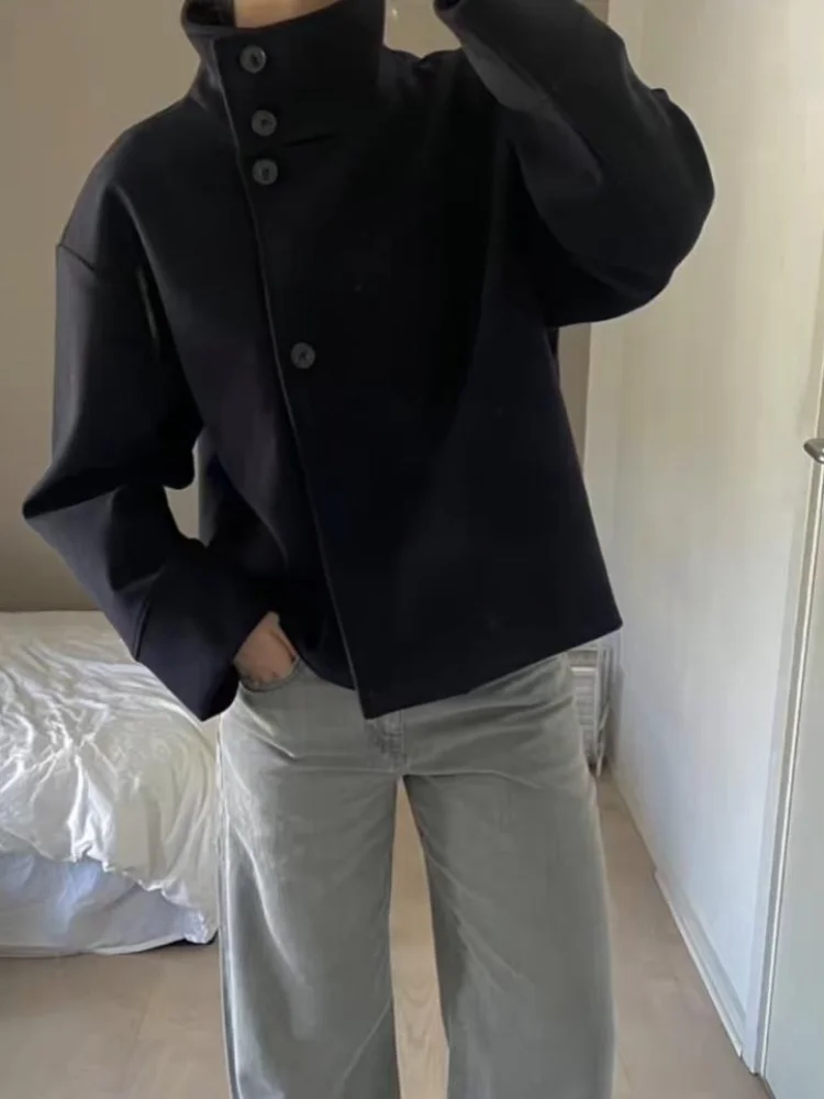 سترة صوفية زرقاء داكنة للنساء لربيع 2025 صدر واحد وياقة واقفة معطف نسائي فضفاض للمكتب والسيدات ملابس خارجية قصيرة #5