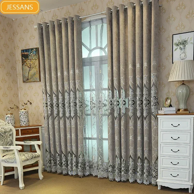 European-style Light Luxury Thickened Chenille Embroidered Window Screen Curtains for Living Room Bedroom Finished Product