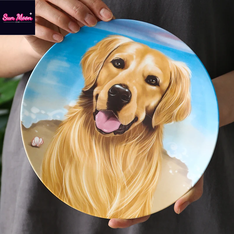 Pastoral Cute Golden Retriever Decorative Plate Home Bone Porcelain Plate Creative Western Food Plate Circular DishTableware