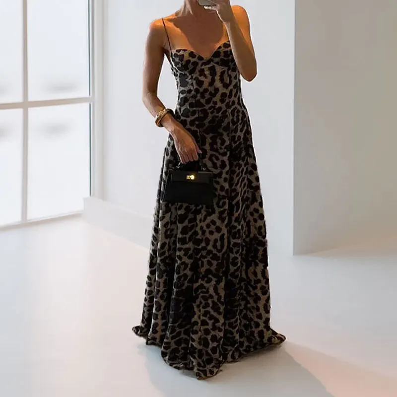 Summer Women New Fashionable Leopard Print Sling Long Dress Women's Slim Sleeveless High Waist Pleated Dress Vacation Beach Robe