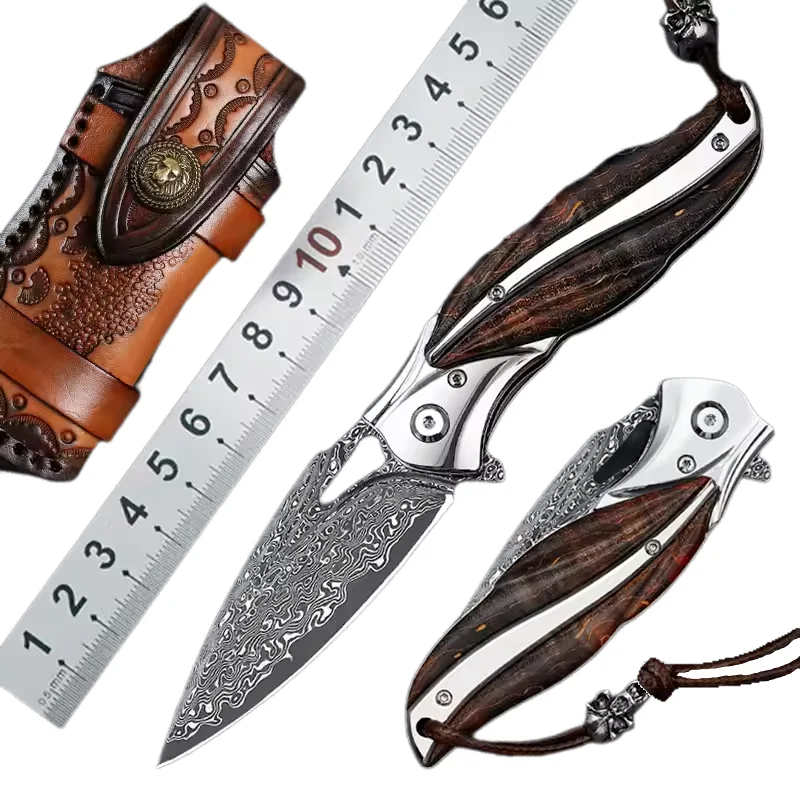 

Camping Damascus Steel Folding Knives Portable Pocket Knife Outdoor EDC Hunting Defensive Folding Blade Stable Wooden Handle