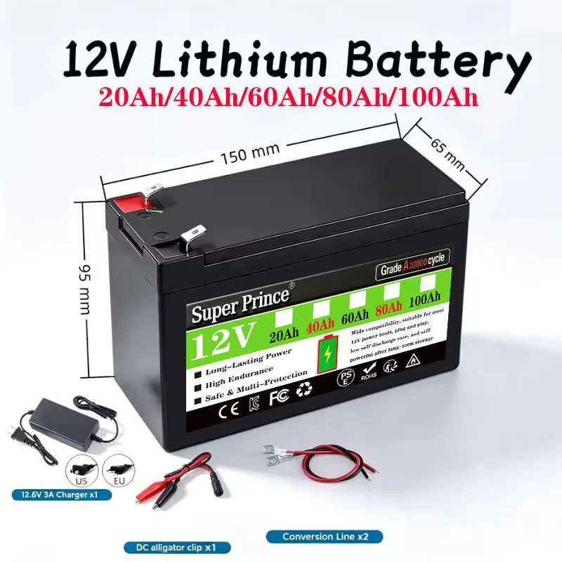 High Capacity 40Ah 12V Lithium-Ion Rechargeable Battery, Grade A Spare Cells for Electric Wheelchair Boat Sprayer Solar Camping