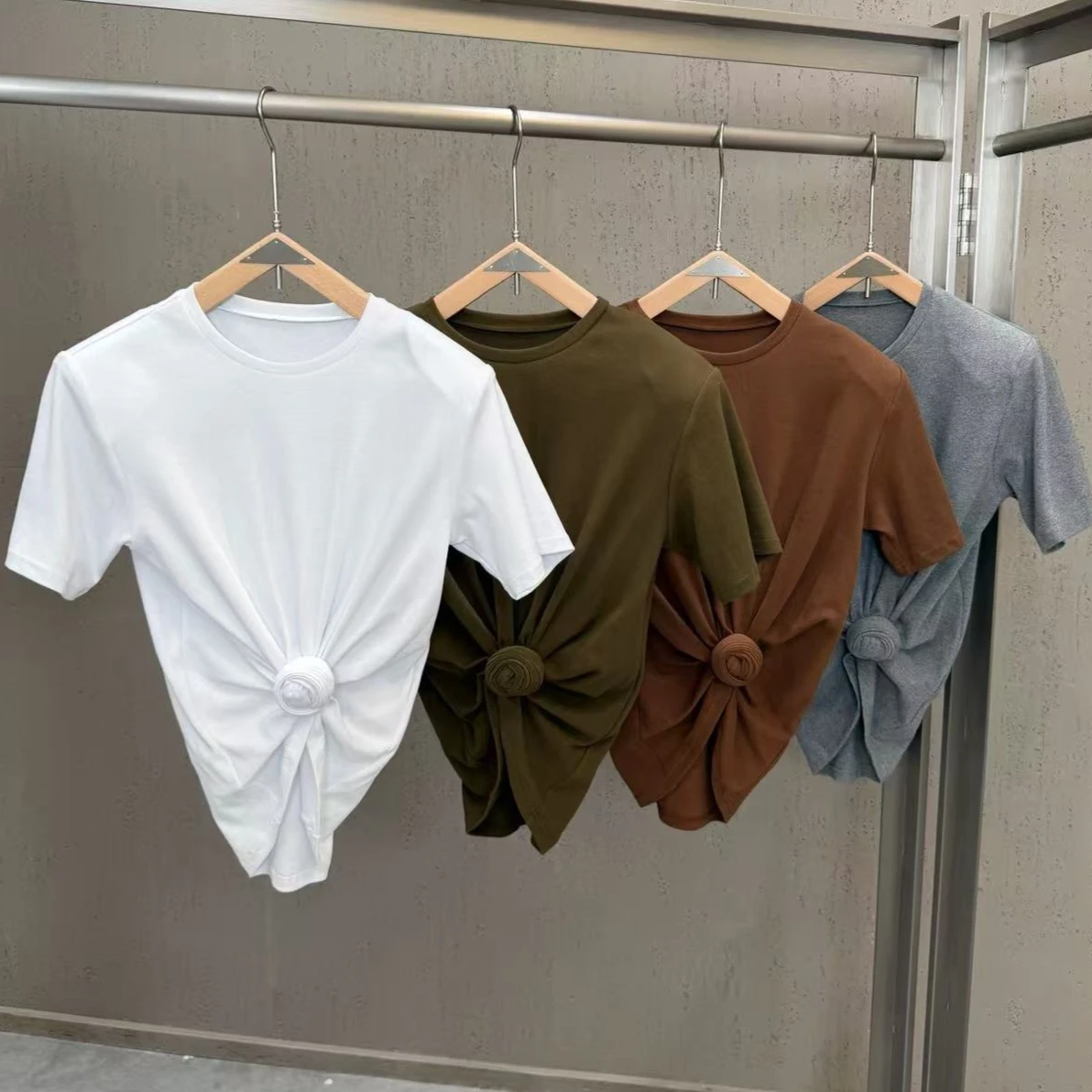 

2026 Summer Twist Knot Waist T-shirts for Women, Wide Shoulder Padded 3d Short Sleeve Crew Neck Loose Casual Top Premium Quality
