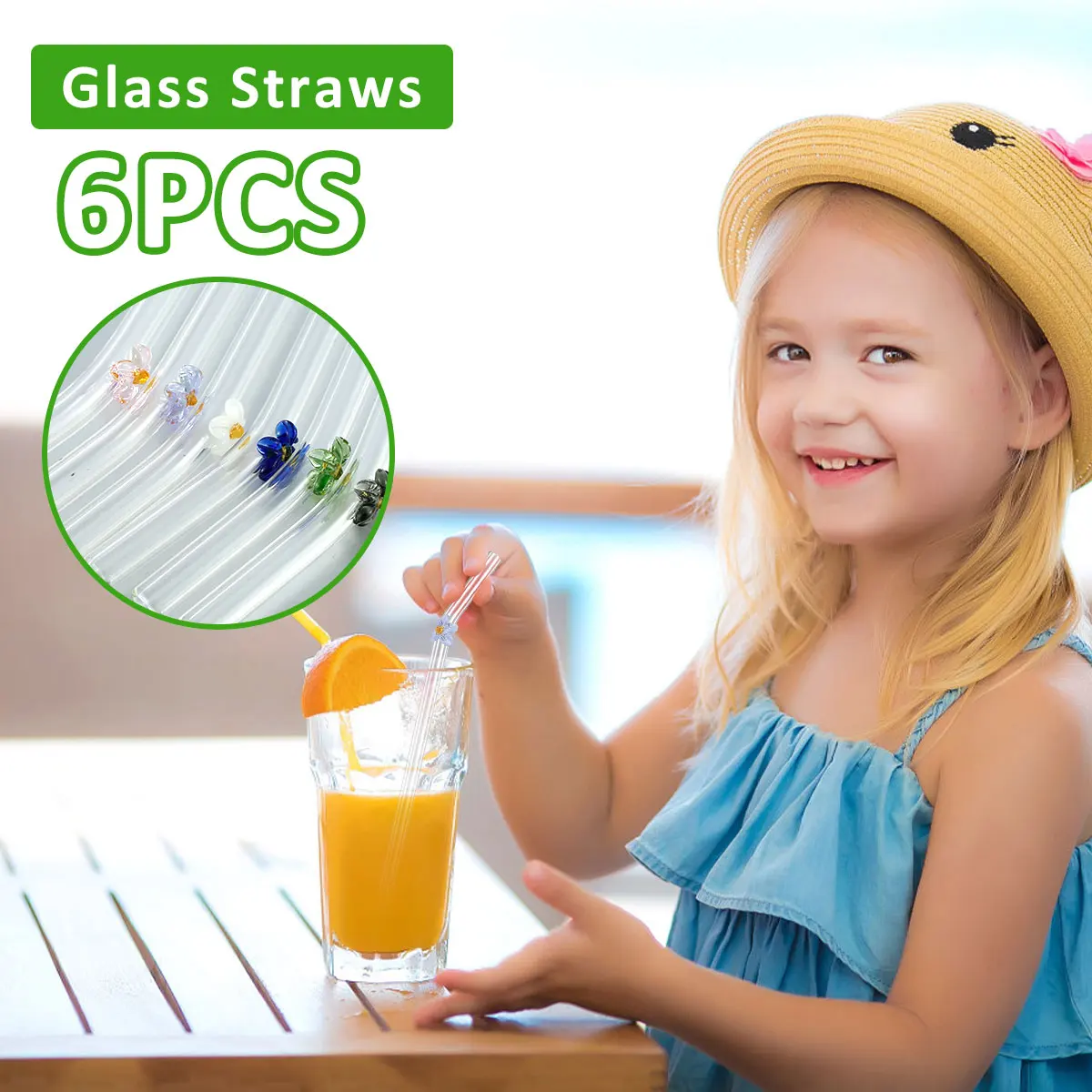 6Pcs Drinking Straws Clear Glass Drinking Staws with Cleaning Brush Cute Flower Tortoise Straws Heat-Resistant Smoothie Straws