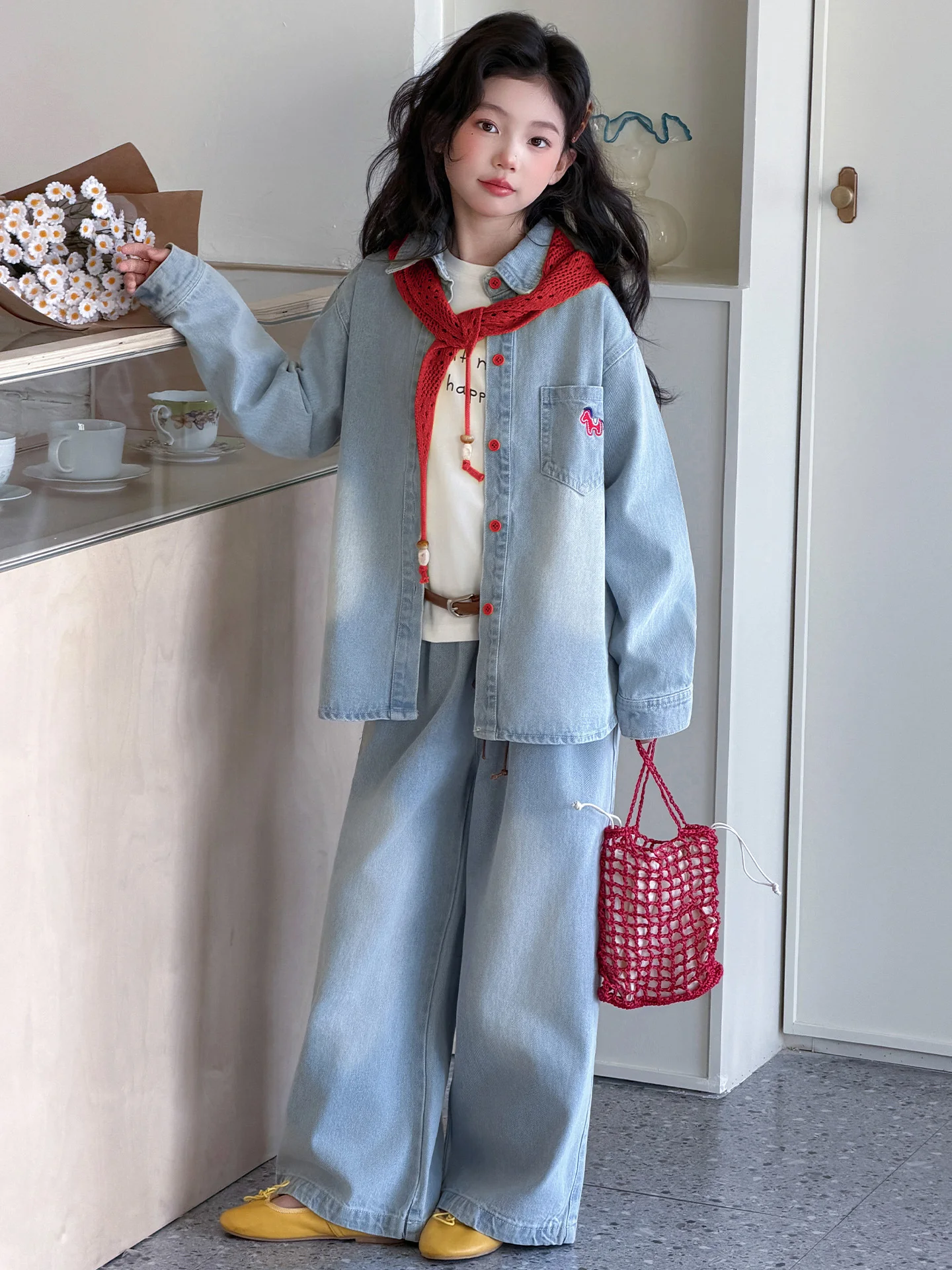 

Весенне-осенний джинсовый кардиган и брюки с широкими штанинами, комплект из двух предметов для девочек, модная детская одежда, повседневный свободный крой