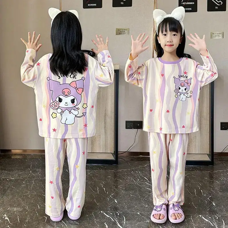 

Sanrio Girl Long Sleeve 2Pcs Kuromi Girls New Style Pajamas My Melody Children's All-Match Home Clothing Autumn Cartoon Dopamine