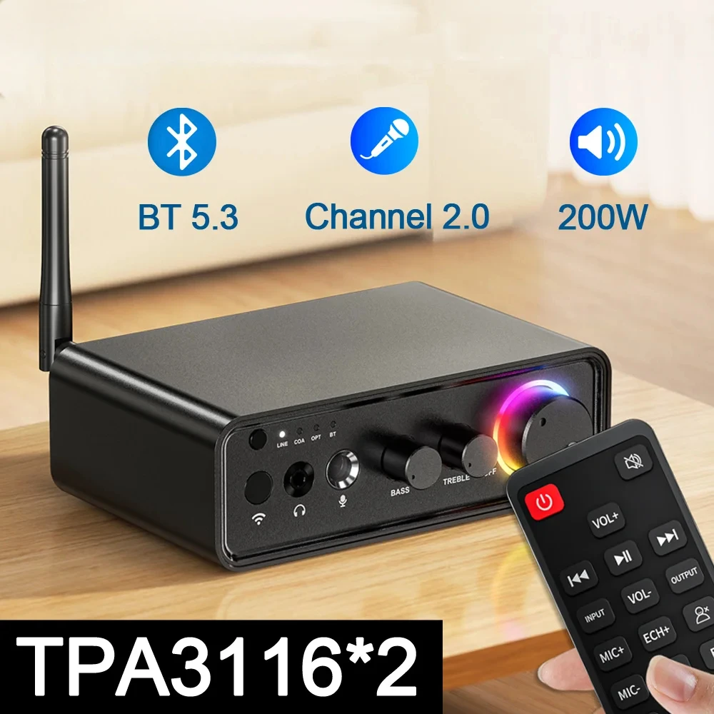 

Bluetooth 5.3 Mini TPA3116D2 Class D Power Amplifier 2.0 Audio Amplifier 100Wx2 200W with Microphone Optical Coaxial Input