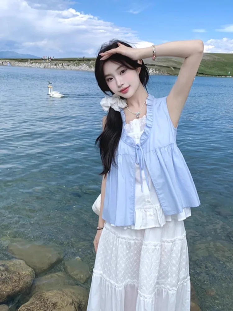 Sommer Baby Licht Milch Blau Puppe irt Frauen Design Sinn Gefälschte Zwei-Stück Holz Süße Sle Svel Bluse