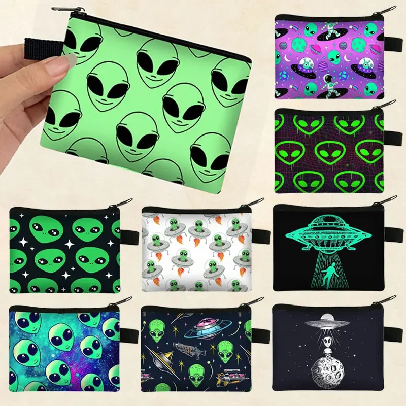 Alien L Want To Believe Pattern Coin Bag Alien Face Coin Purse Cartoon UFO Card Key Earphone Holder Small Wallet Zipper Pouch