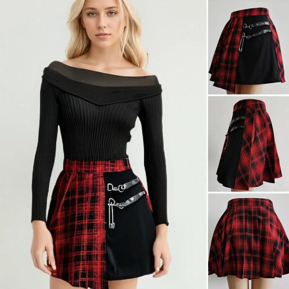 Women Skirts Gothic Pleated Skirt High Waist Women Checkered Mini Skirt Metal Chains Belts Decoration Punk Irregular Skirt