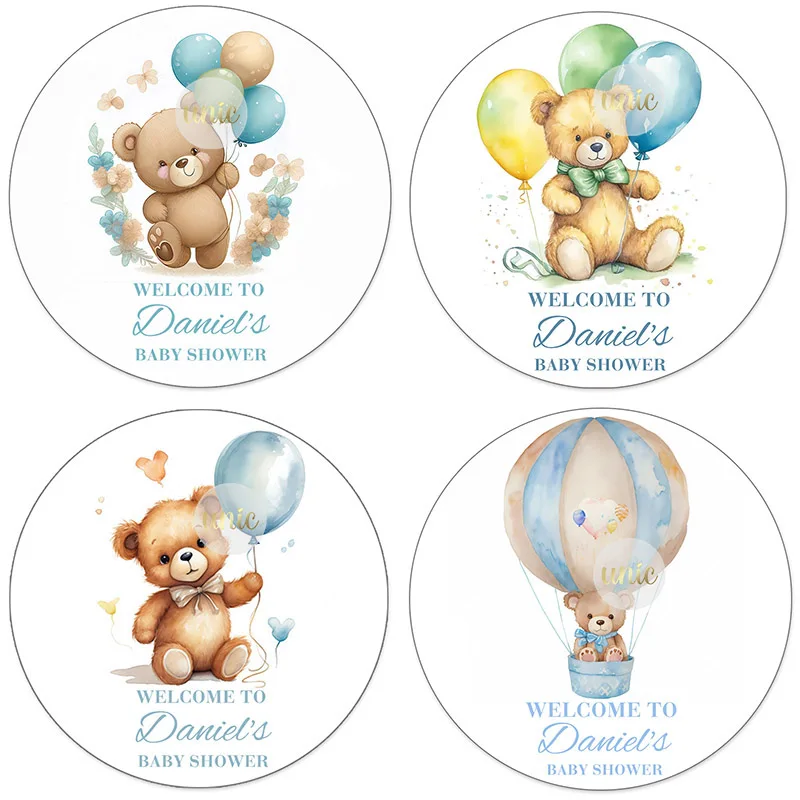 100pcs Welcome Baby Boy Girl Custom Cute Teddy Bear Sticker Baby Shower Birthday Baptism Label Stickers Personalized