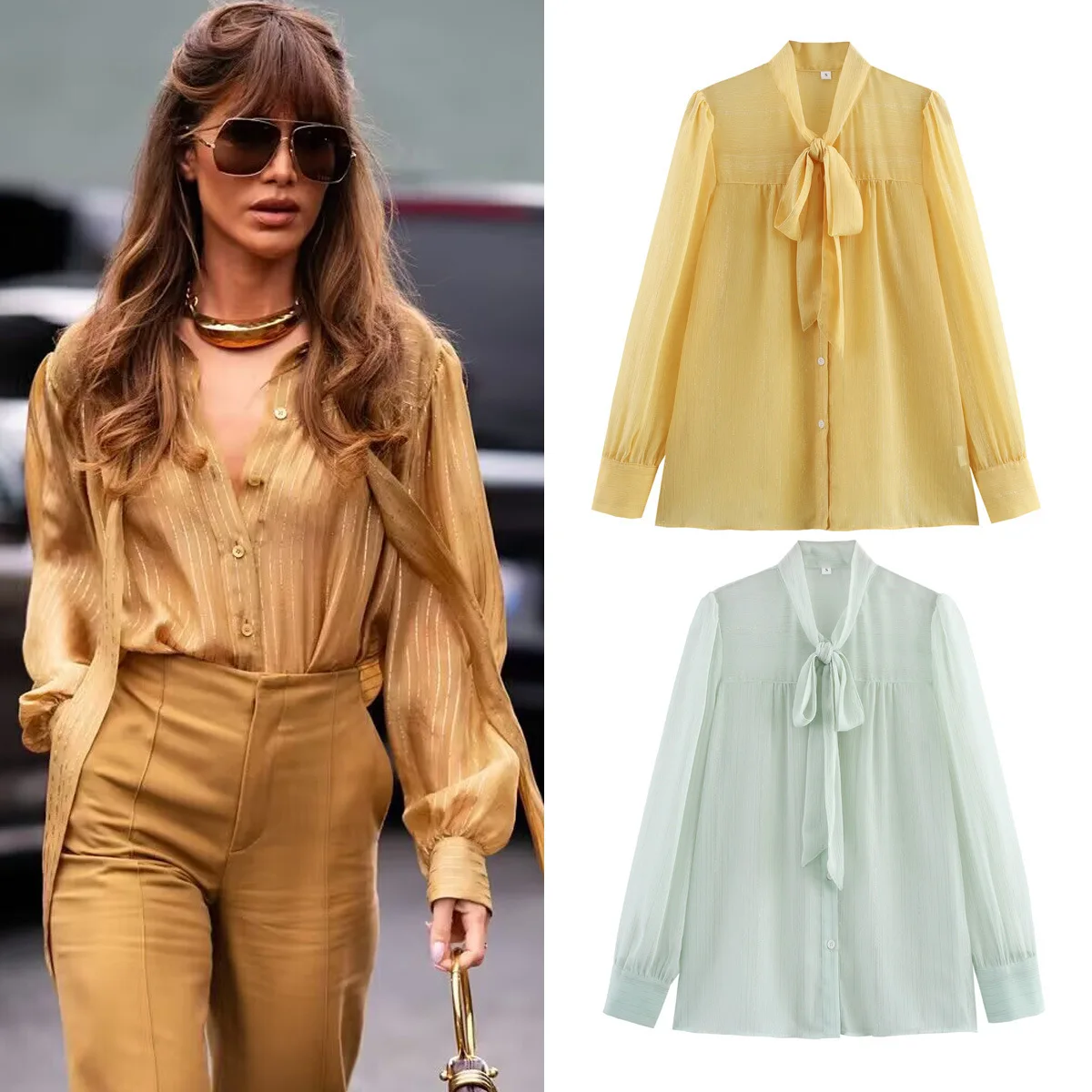 

2025 Spring Fashion Casual V-Neck Tie Lightweight Flowy Shirt Top For Women A15017