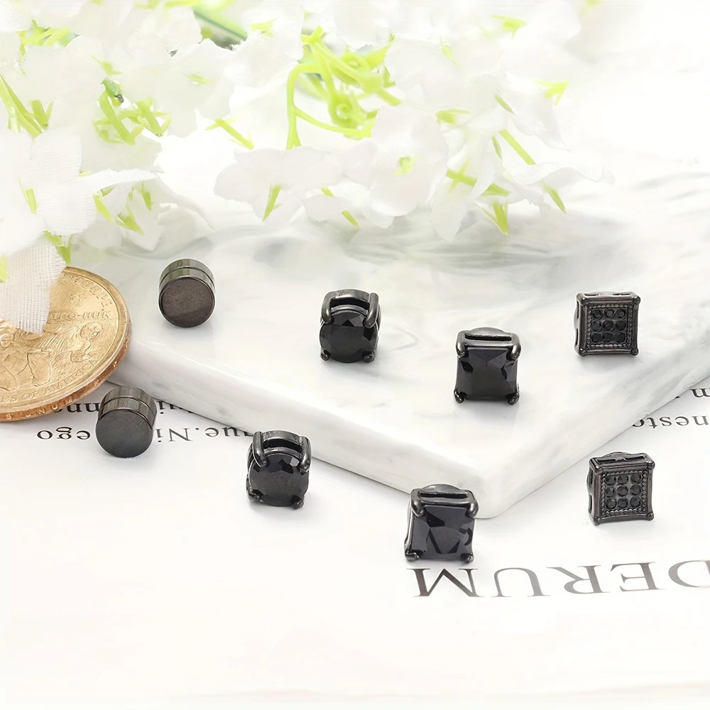 1-4 Pairs Stainless Steel Magnetic Stud Earrings, Fashion Cubic Zirconia Magnetic Non-piercing Ear Clip For Men image 6