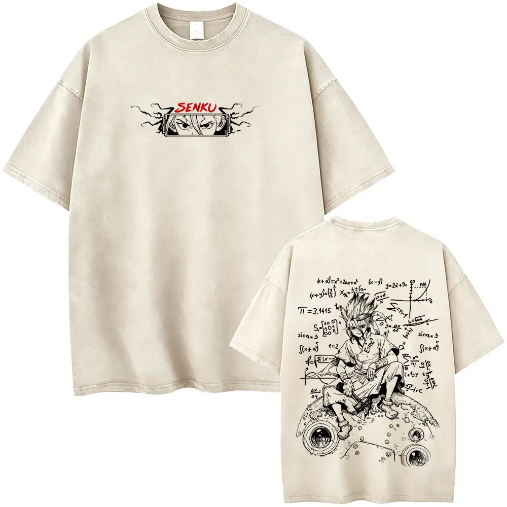 Washed Vintage Anime Dr. Stone Graphic T-shirt Manga Senku Ishigami Eyes Print T Shirt Men Women Retro Casual Oversized T-shirts
