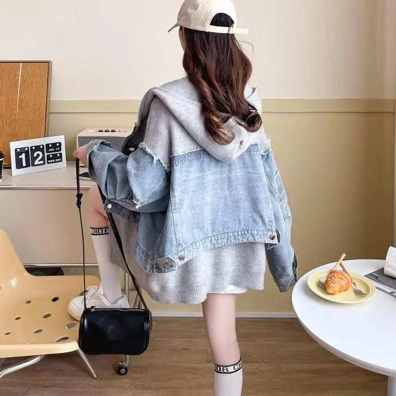 جاكيتات للنساء التلبيب لوحات الدنيم سترة النساء معاطف فضفاضة سترة سميكة سترة مشغولة من الصوف ملابس النساء تريكو