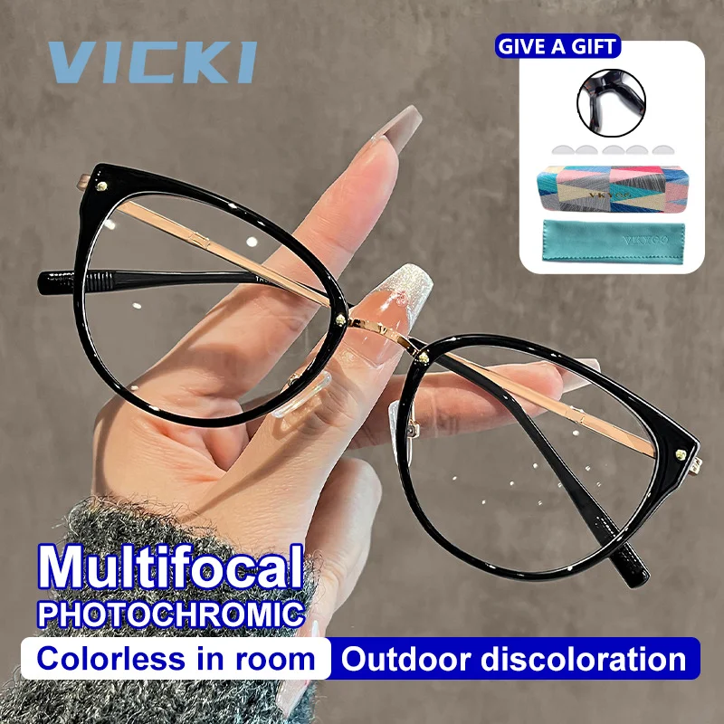 VICKI Nouvelles lunettes œil-de-chat progressives multifocales pour femmes, photochromiques, anti-lumière bleue, personnalisables avec prescription