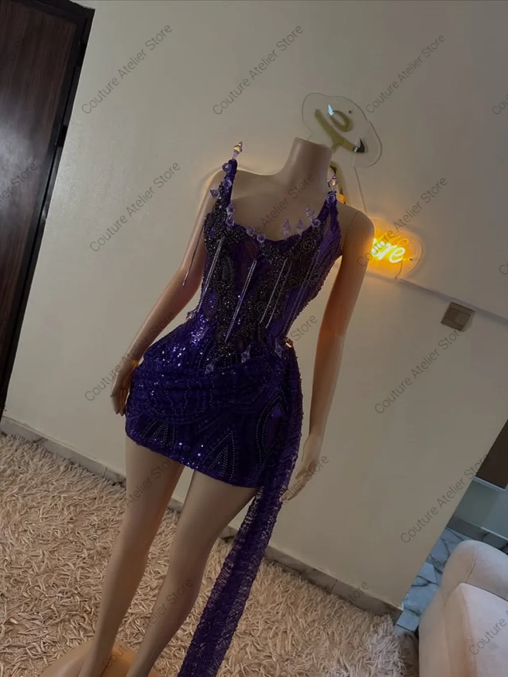 فساتين حفلة موسيقية بدون حمالات من حجر الراين الأرجواني بدون حمالات للفتيات السود ذيل جانبي فساتين حورية البحر لحفلات الزفاف حسب الطلب #3