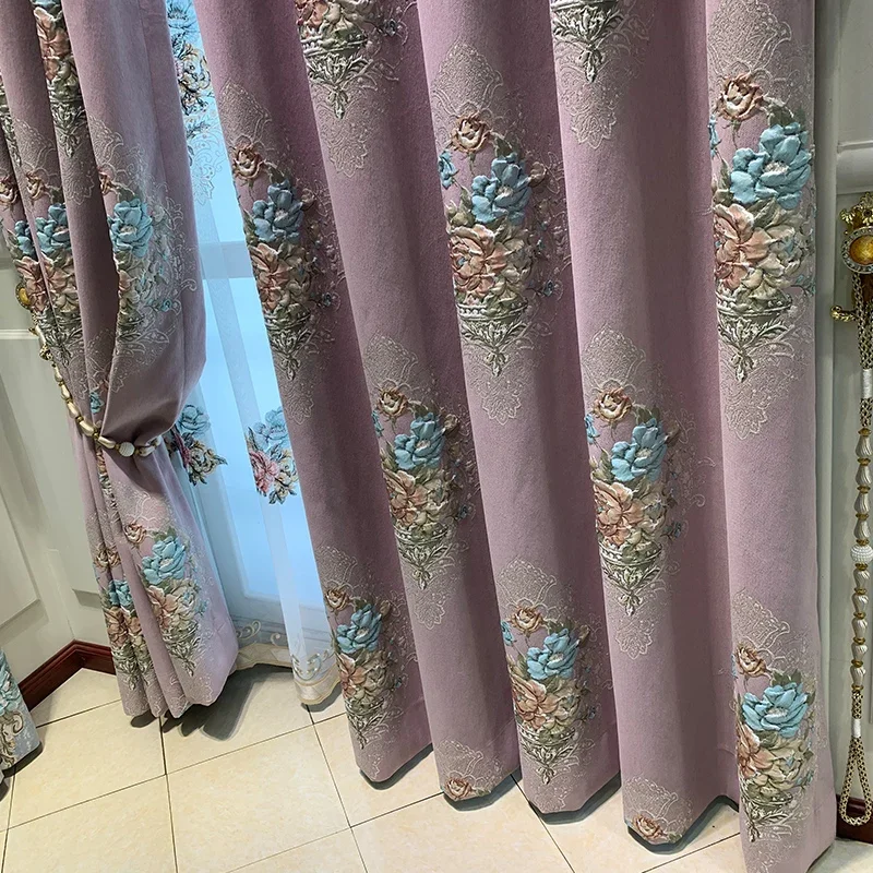 High-end Pink and Purple European-style Embossed Chenille Jacquard Curtains for Living Room Bedroom and Villa Customized