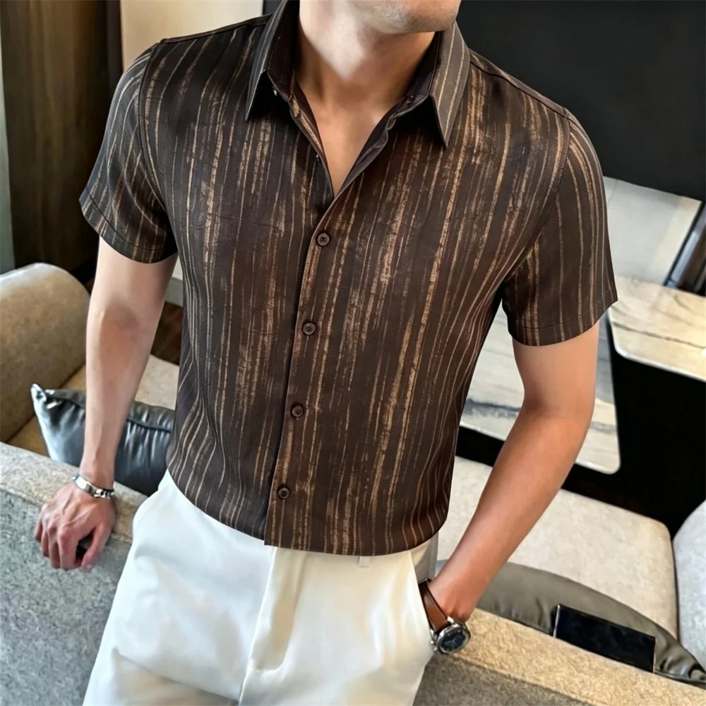 Luxury Style Summer Men's Short-sleeved Shirts Business Elegant Casual Slim Fit Men Shirt Golden Striped Blouse Man Streetwear