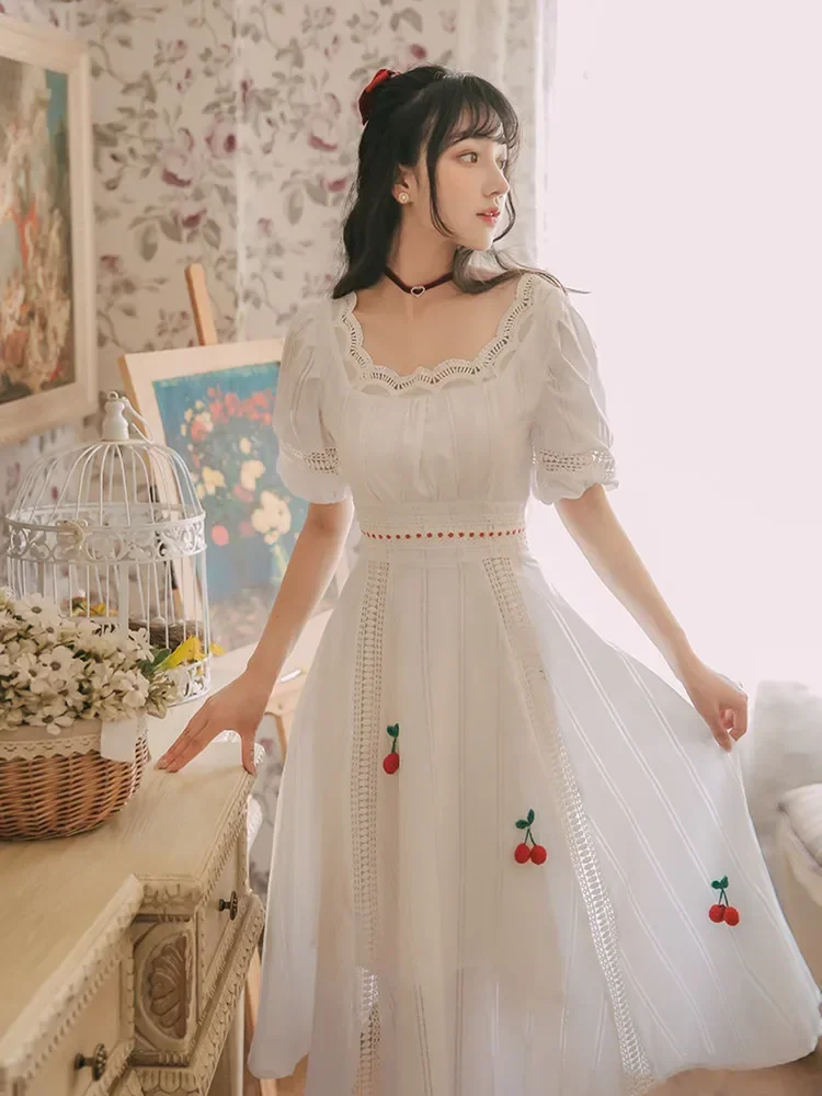 Summer Victorian Style White Dress Woman Vintage French Embroidery Puff Sleeve Princess Dresses Vestido Robe Blanche Femme