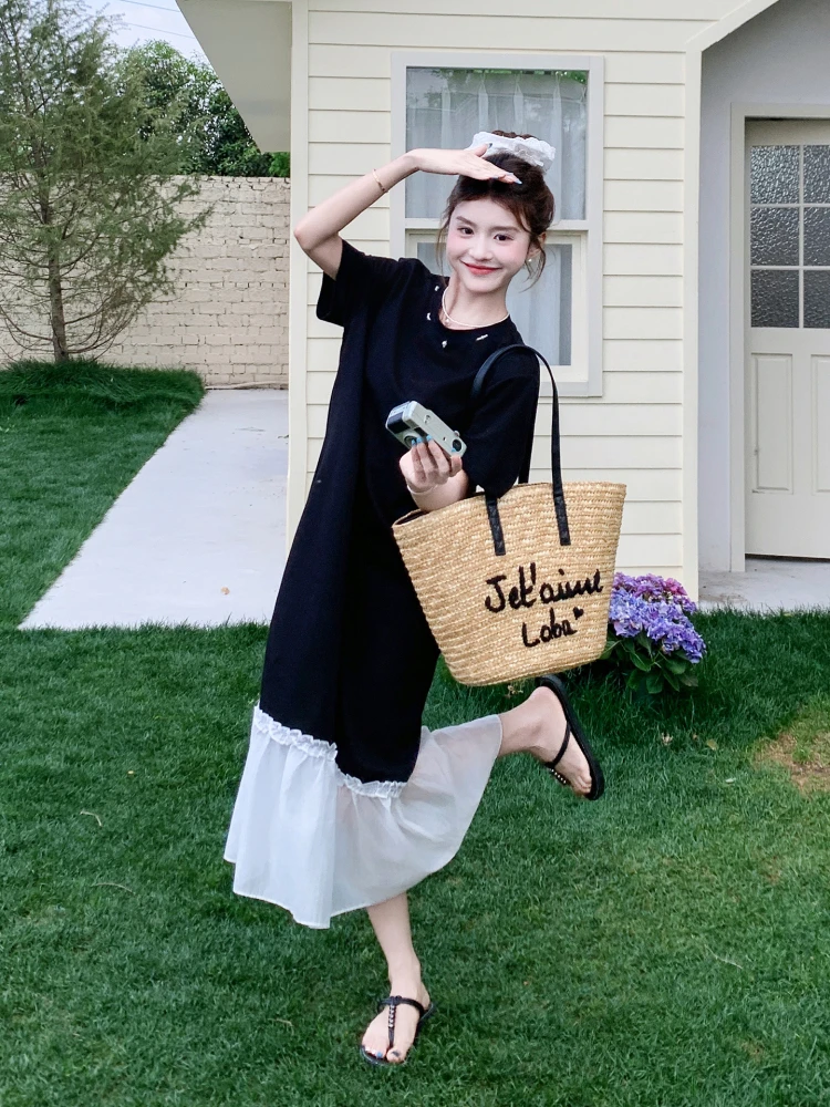 Bla ample décontracté femmes Dr été nouveau Unique beau t-shirt Dr taille haute ort Sve mi-longue jupe trapèze